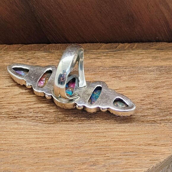 Handmade Dahlia Turquoise Sterling Silver Long Blossom Ring Size 7 Pink Purple - Picture 4 of 7